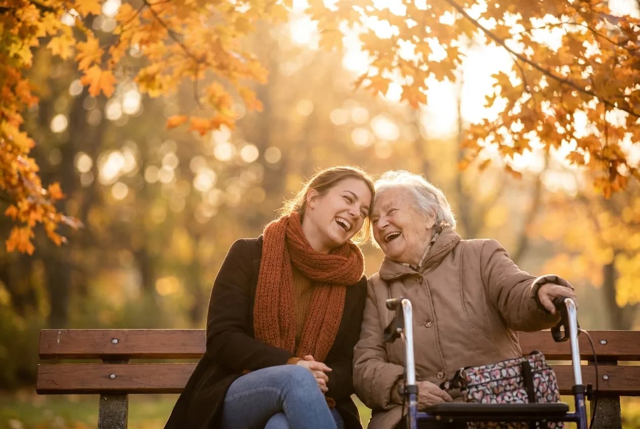Begleiterin und Seniorin lachen gemeinsam im herbstlichen Park